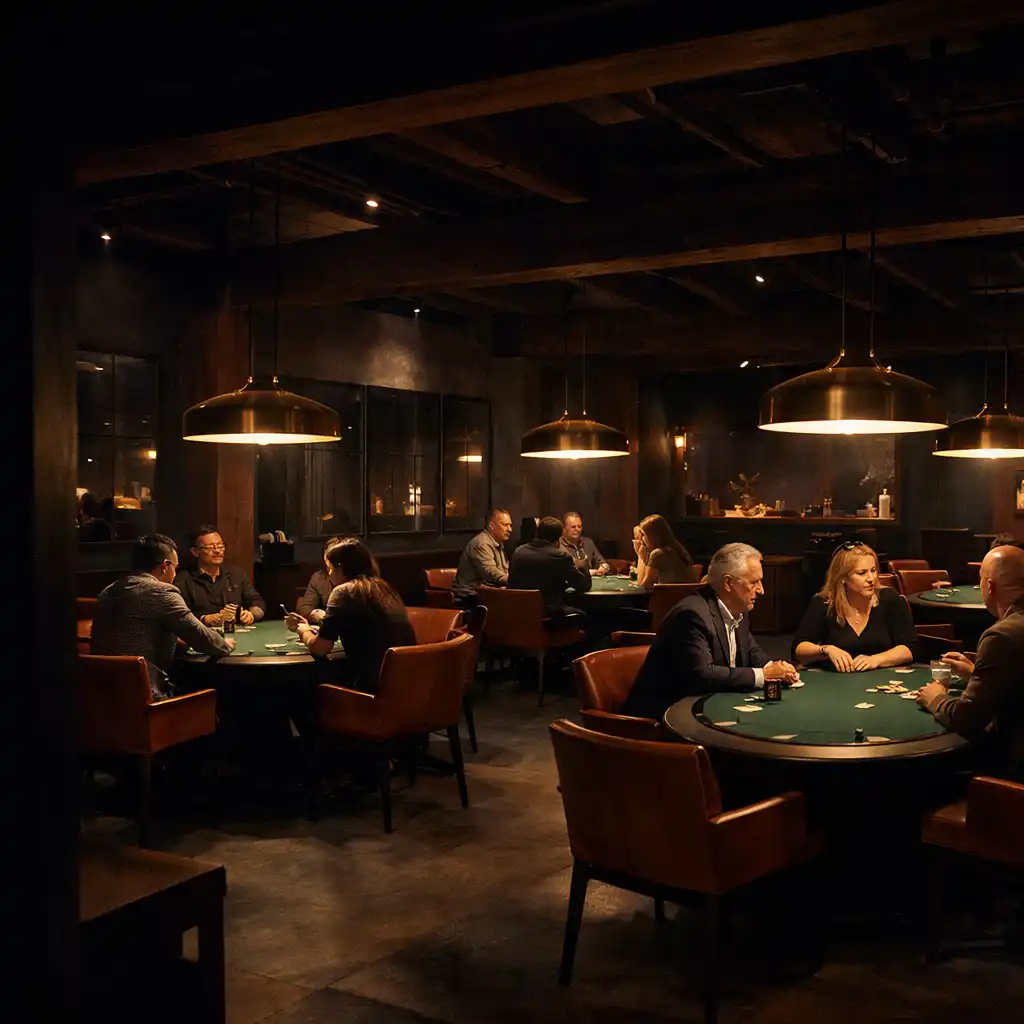 A pendant-lit Card Lounge evening room with bottle-green poker tables