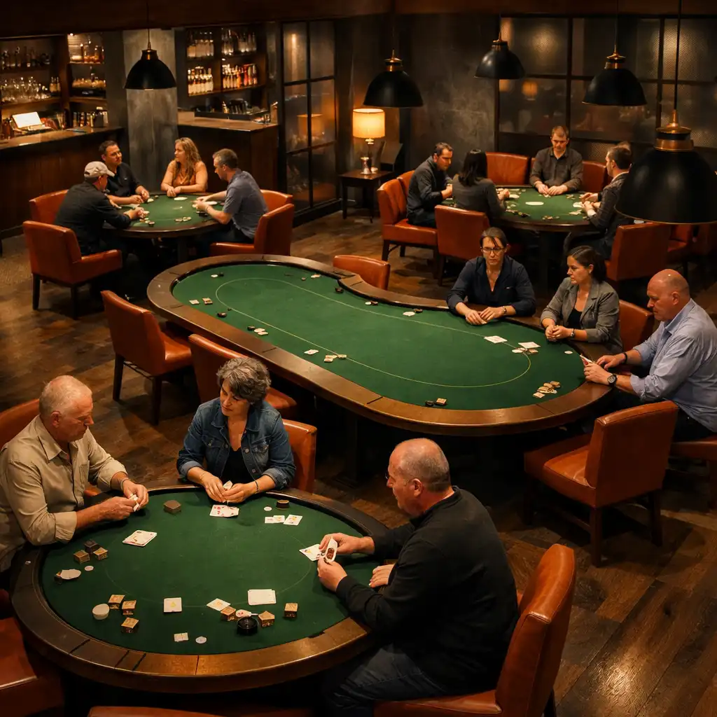 High-angle view of several groups playing face-to-face at physical poker tables in the Card Lounge