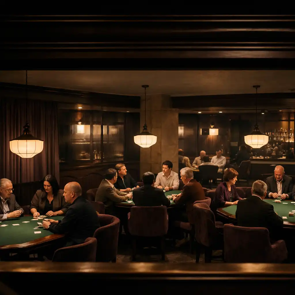 A Card Lounge viewed from above with several poker tables and guests in conversation