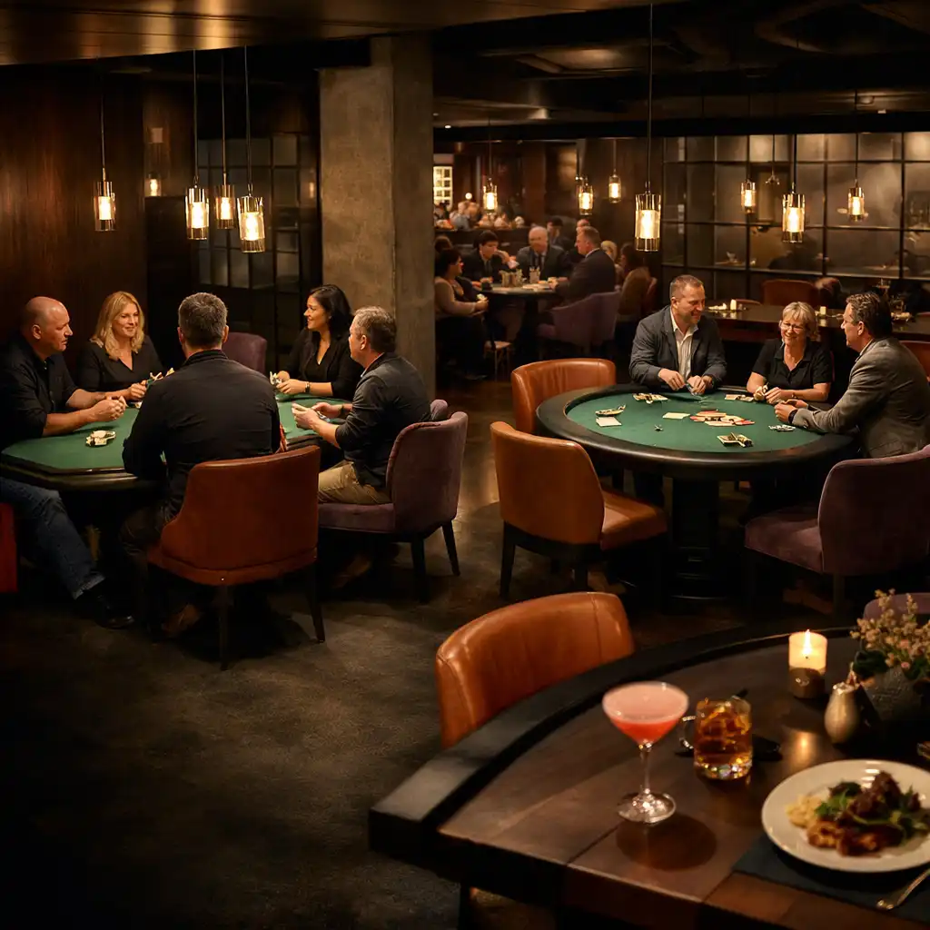 Guests gathered face-to-face around several physical poker tables in an atmospheric Card Lounge.