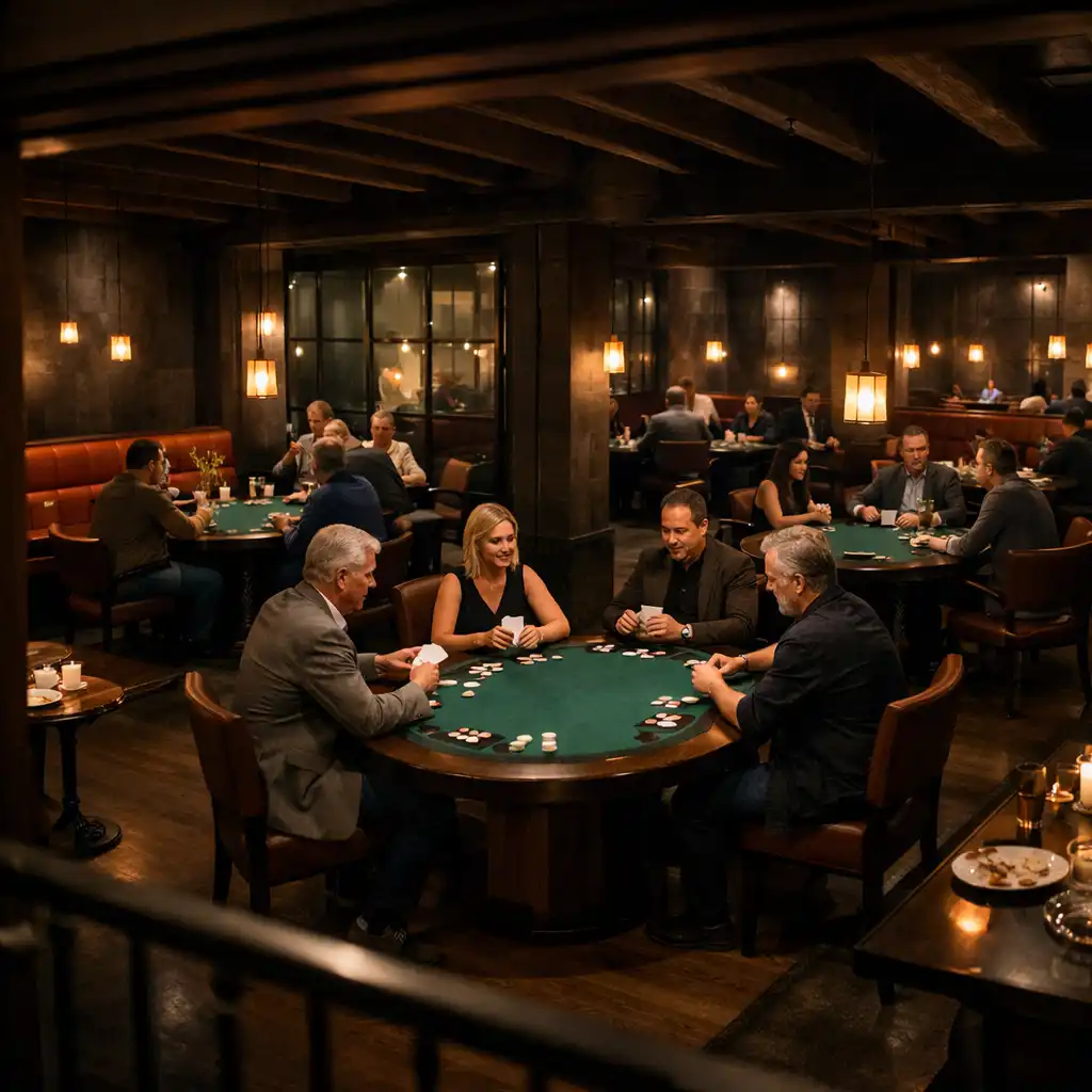 Live poker tables under focused pendant light in the Card Lounge