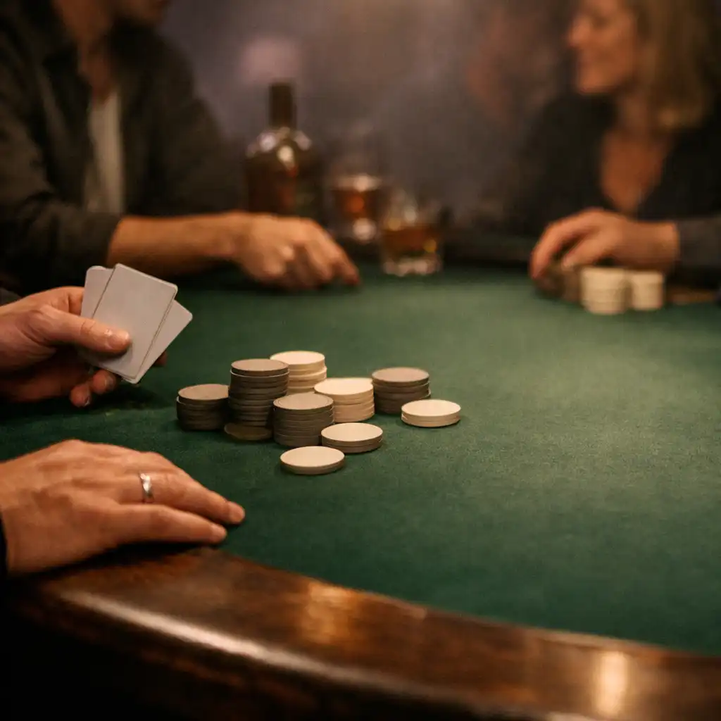 Hands and conversation gathered around real cards on a bottle-green table