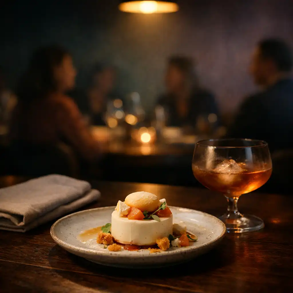 Dessert served at a table after dark with soft evening light