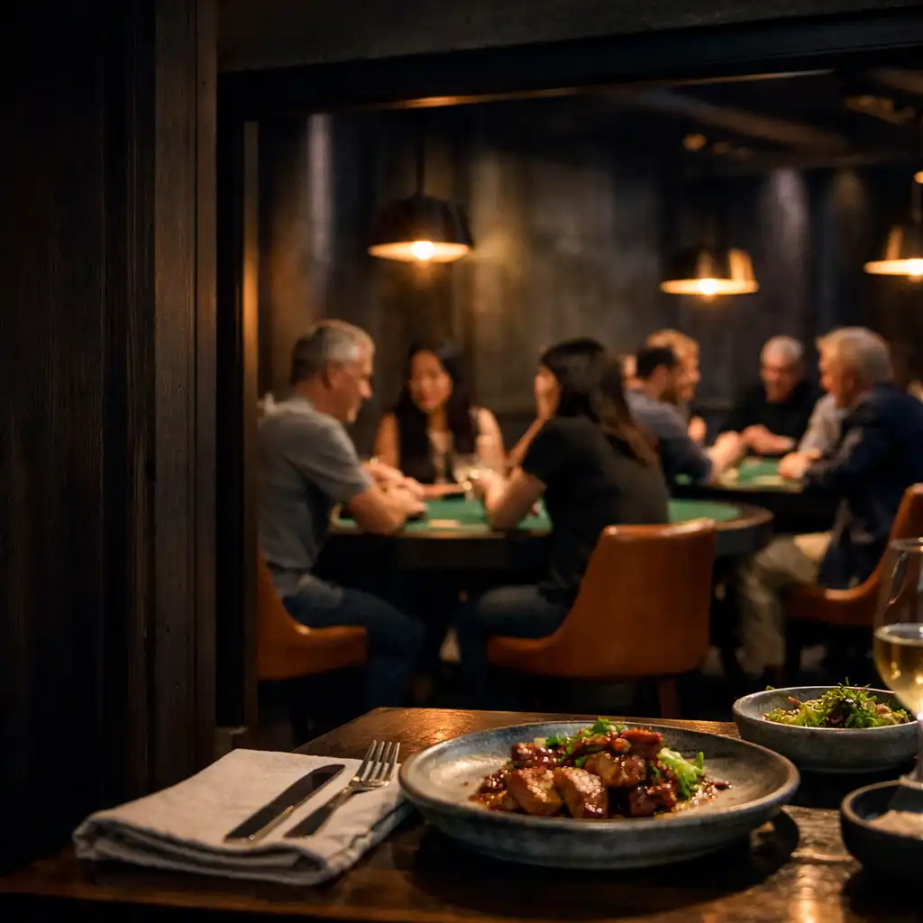 Guests arriving through the dining room toward the Card Lounge in the evening