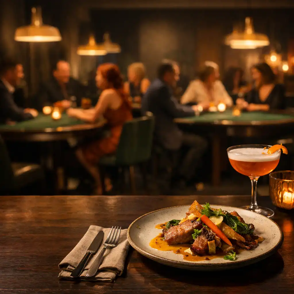 A late-evening dining table with a plated dish and cocktail in front of softly focused Card Lounge tables.
