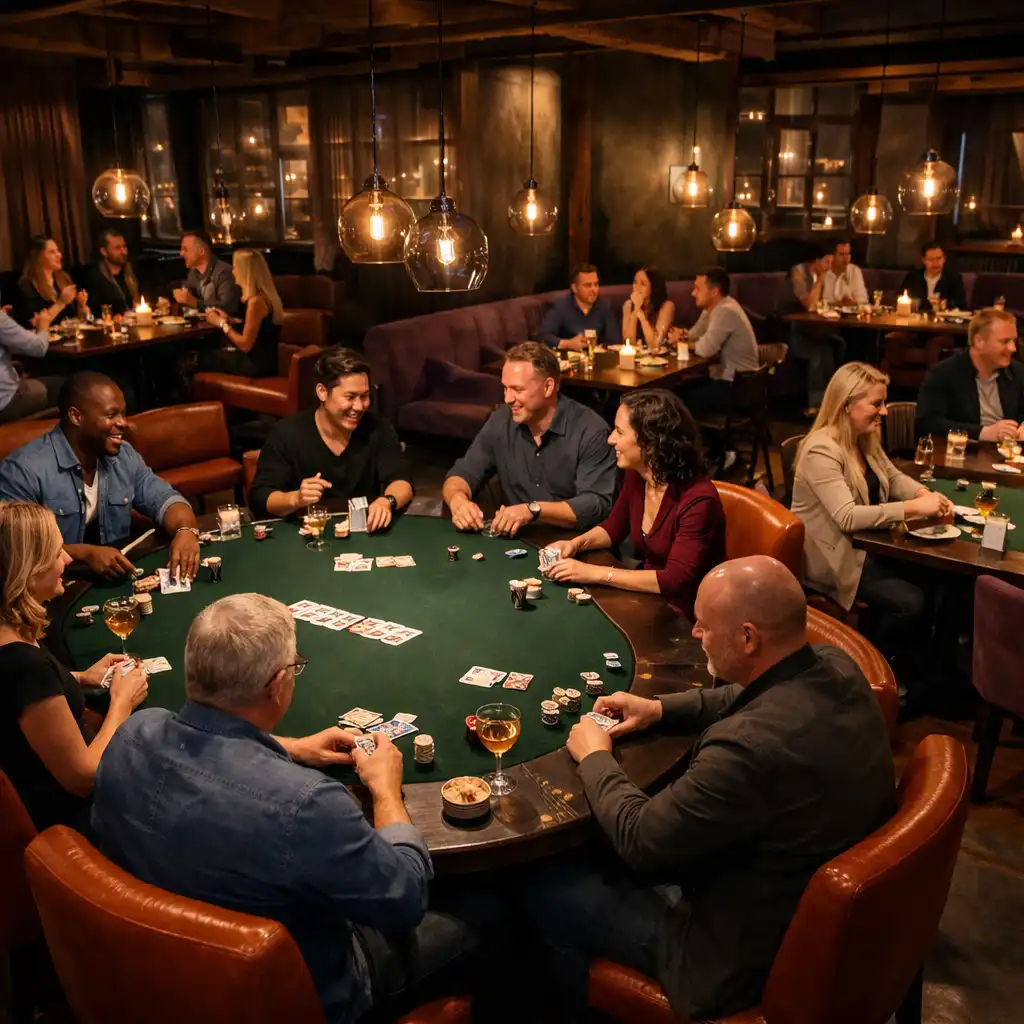 A full Card Lounge evening with several poker tables, cocktails and guests in conversation