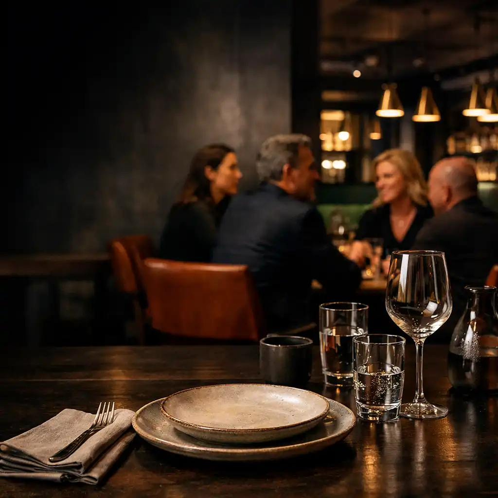 The dining room after dark, warm and softly lit before guests move to the lounge