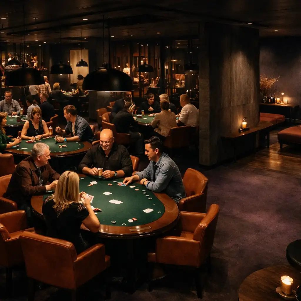 Full Card Lounge room view from a low angle across dark timber and felt