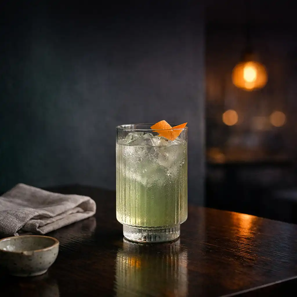 A cocktail still life in the low light of the evening