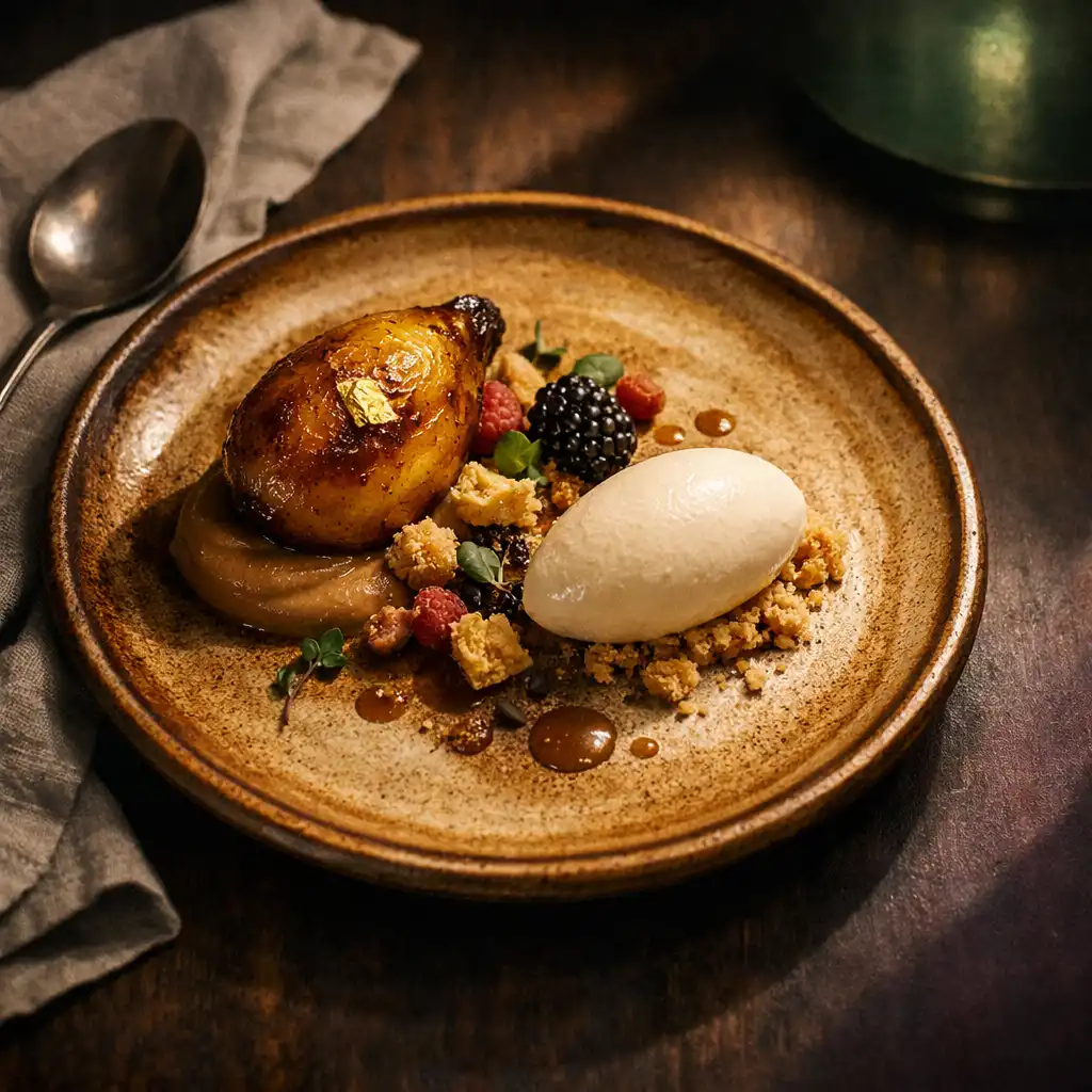 Dessert on handmade ceramic with linen in the evening light