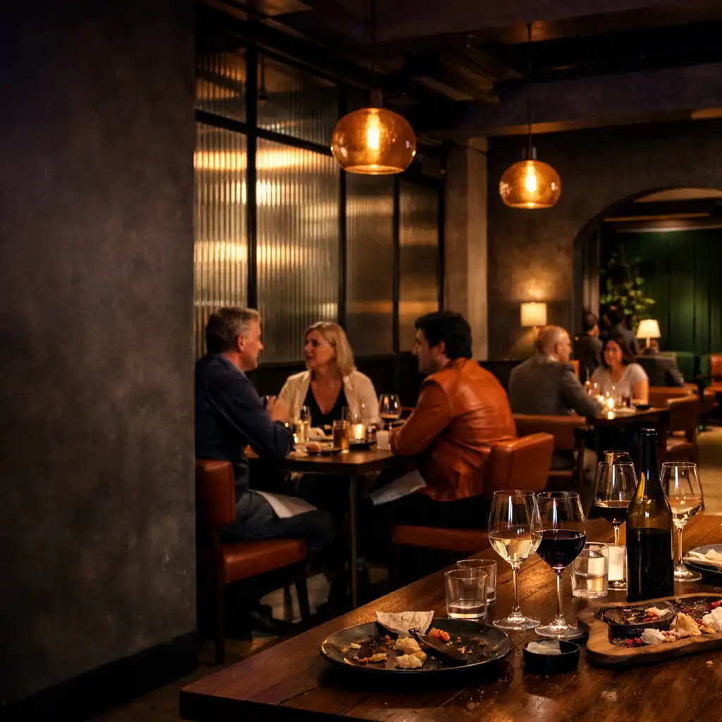 Atmospheric warehouse-style restaurant room with diners, warm pendant lighting and dark timber tables
