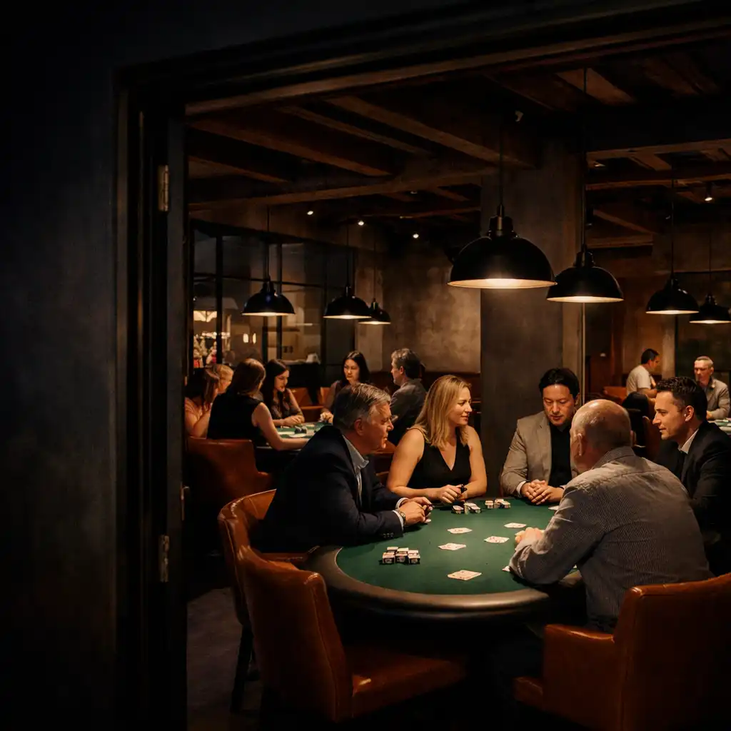 Several physical poker tables and guests gathered face to face in the Card Lounge