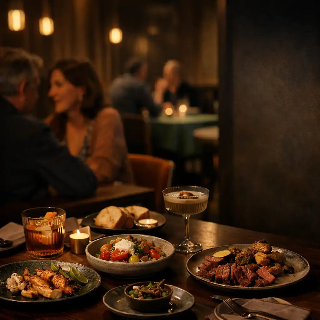 Dinner and cocktails easing into evening across a Shuffle Avenue table