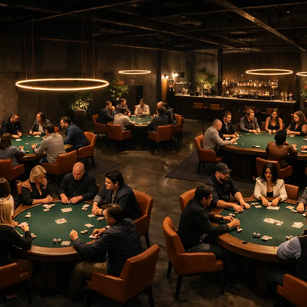 Wide view of a Card Lounge with several physical poker tables and groups interacting face-to-face