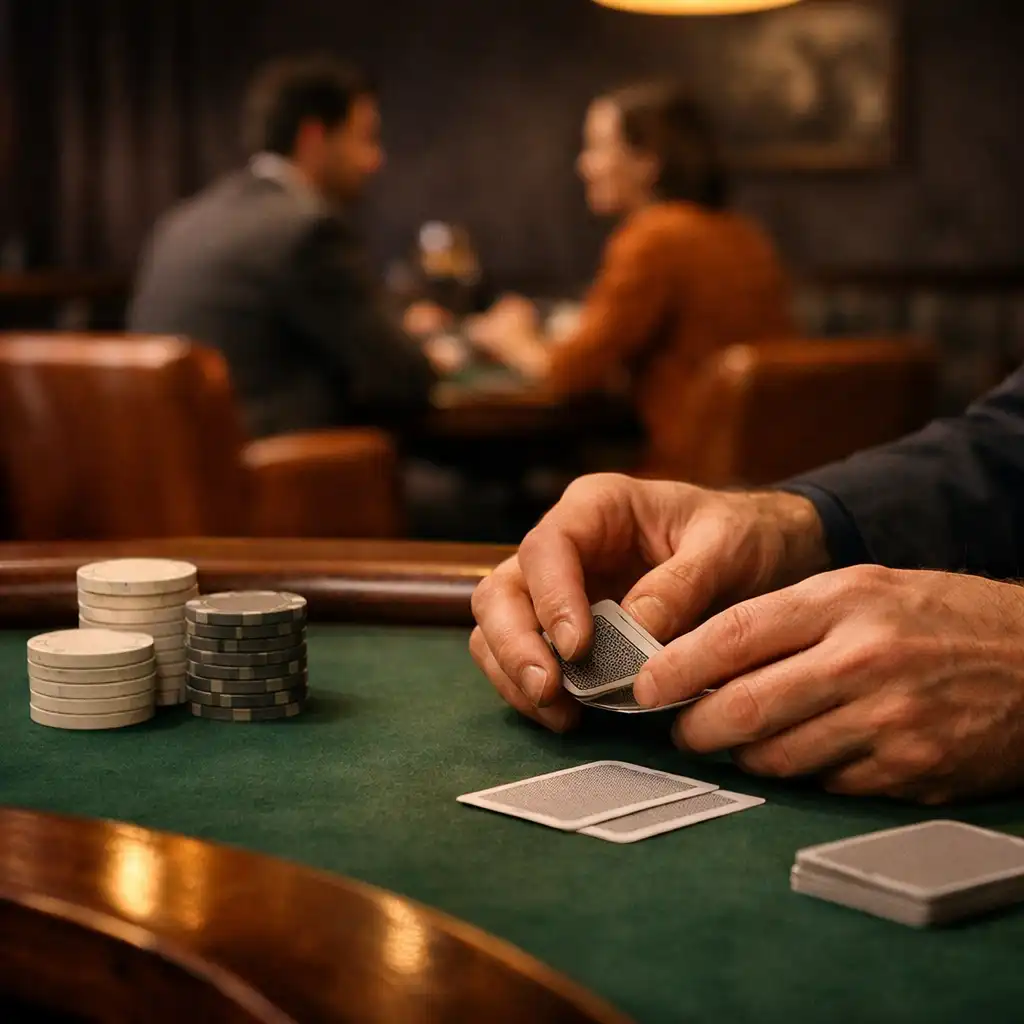 A physical poker table with real cards while another occupied table continues beyond