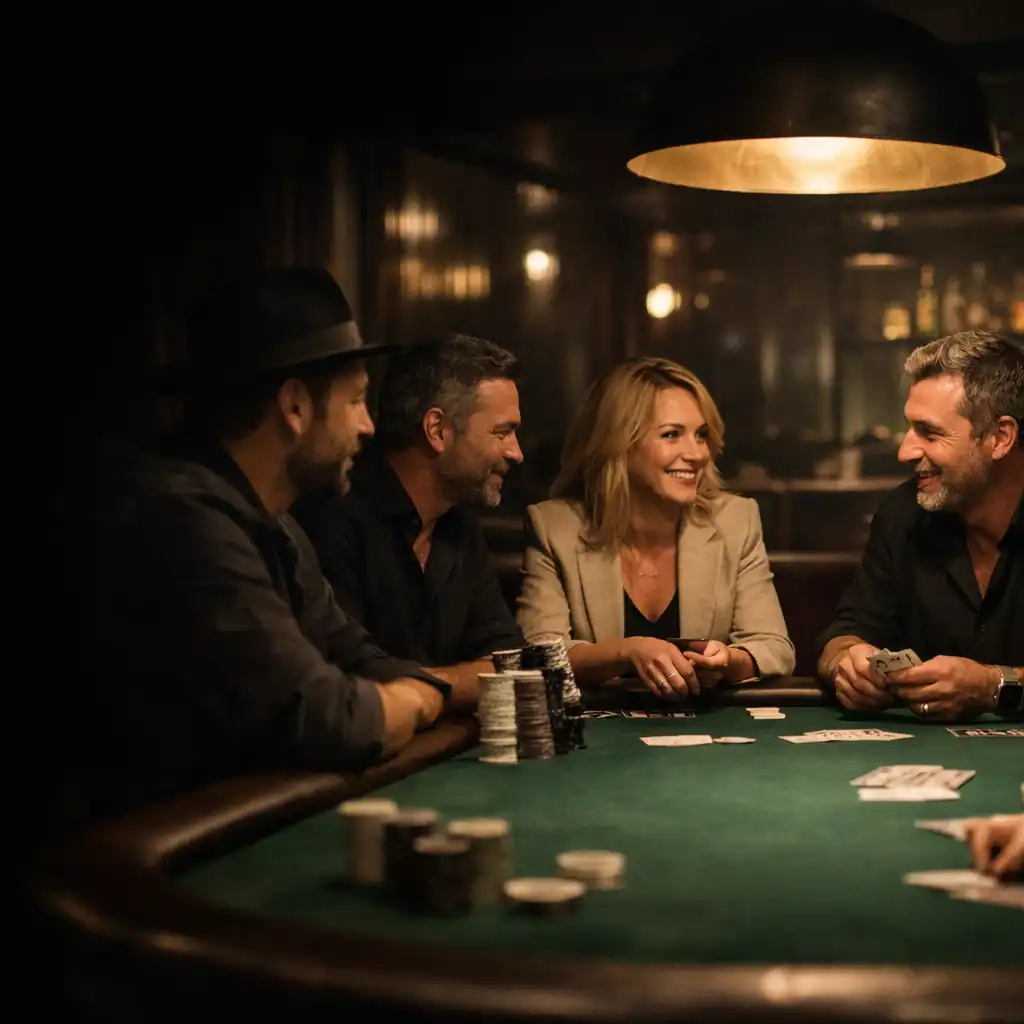 Guests seated face-to-face at a real felt Texas Hold’em table under warm pendant lighting