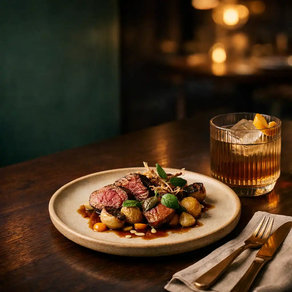 A contemporary Australian dish and cocktail on warm ceramic and dark timber