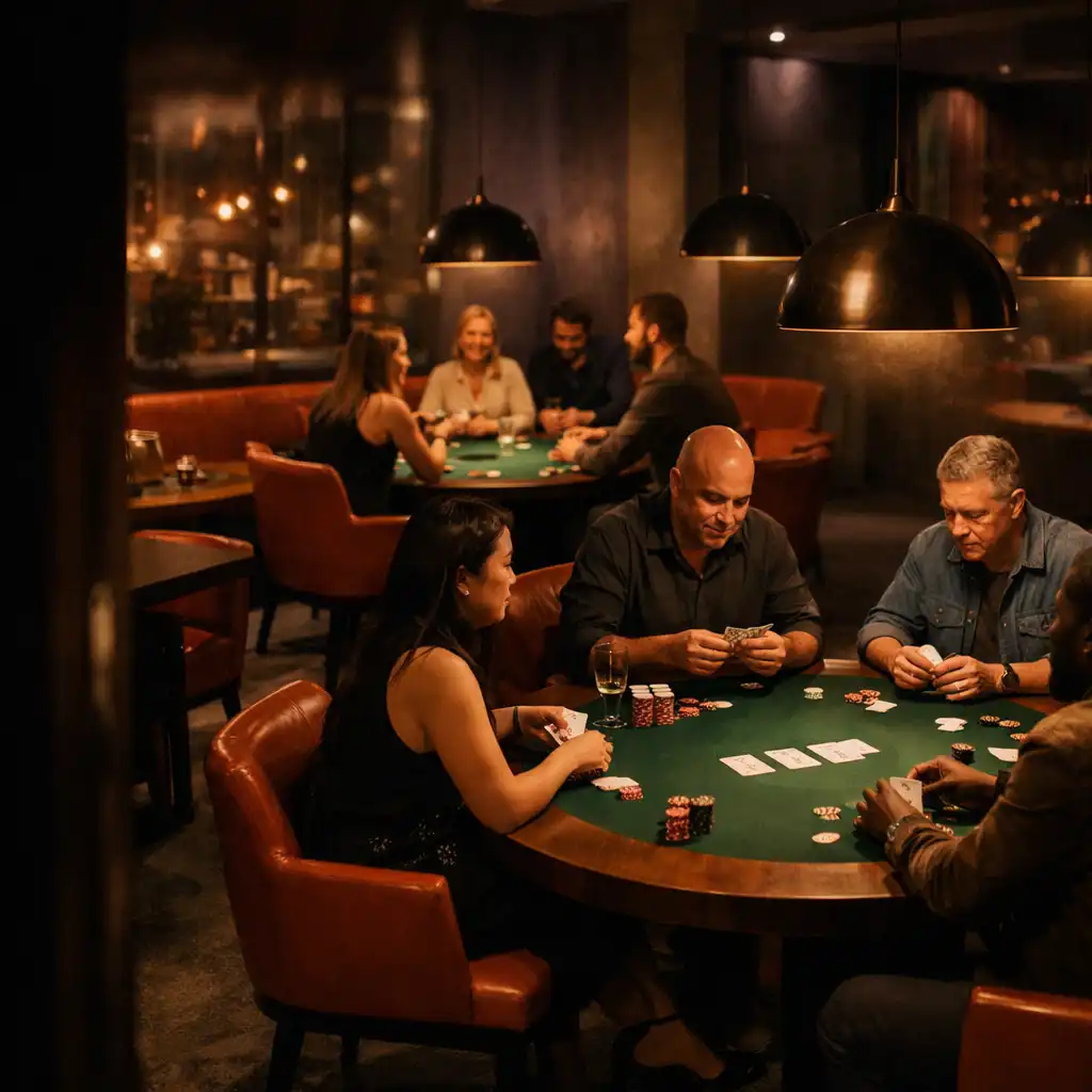 Guests gathered face to face around physical poker tables in Shuffle Avenue's warmly lit Card Lounge.