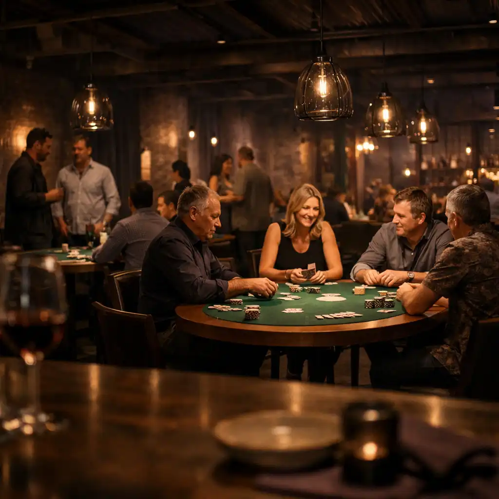 A complete evening Card Lounge viewed beyond a dining table edge, with several poker tables and guests talking face to face.