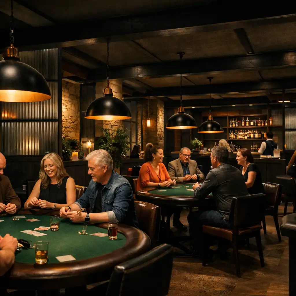 A refined Card Lounge with several physical poker tables under pendant lights, where guests converse face to face.