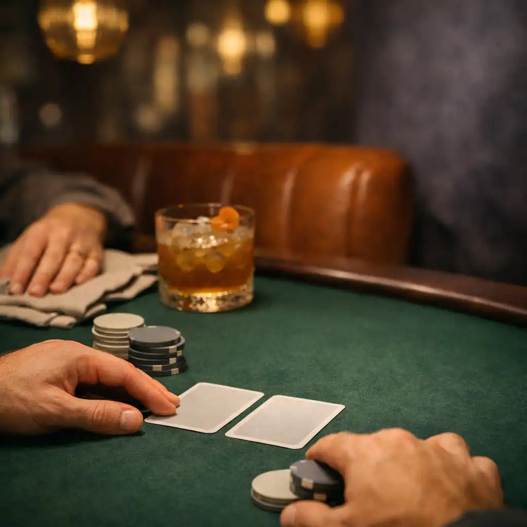 Two guests' hands near real playing cards and neutral chips on bottle-green felt with linen and glassware nearby.