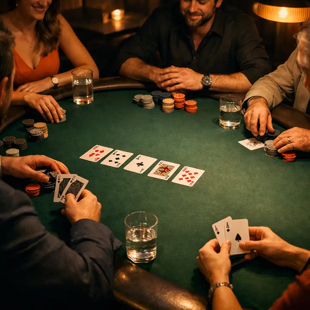 Several people sharing physical cards around a bottle-green Texas Hold’em table